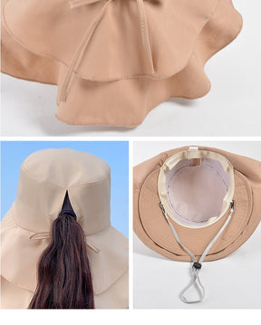 New Women Bow-knot Lightweight Hats Fashion Hidden Ponytail Hole Big Brim Hat Anti-UV Sun Hats Beach Neck Guard Fisherman Hat - Miscellaneous Accessories