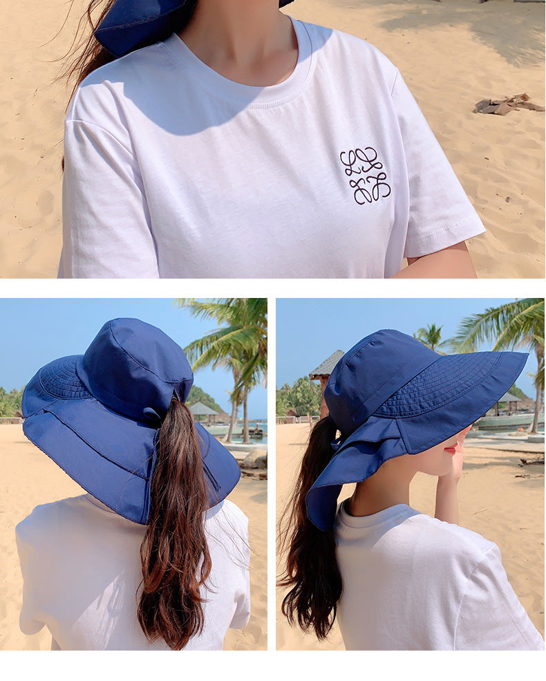 New Women Bow-knot Lightweight Hats Fashion Hidden Ponytail Hole Big Brim Hat Anti-UV Sun Hats Beach Neck Guard Fisherman Hat - Miscellaneous Accessories