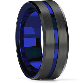 Anel de Noivado Masculino em Aço Azul Escovado com Entalhe de Cor Dourada de 8mm - Miscellaneous Accessories