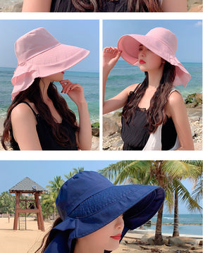 New Women Bow-knot Lightweight Hats Fashion Hidden Ponytail Hole Big Brim Hat Anti-UV Sun Hats Beach Neck Guard Fisherman Hat - Miscellaneous Accessories