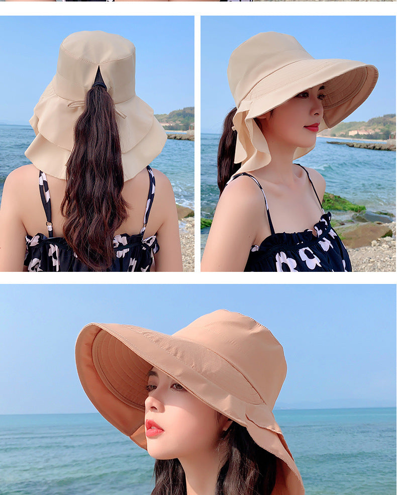 New Women Bow-knot Lightweight Hats Fashion Hidden Ponytail Hole Big Brim Hat Anti-UV Sun Hats Beach Neck Guard Fisherman Hat - Miscellaneous Accessories