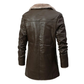 New Winter Fleece Plush PU Fashion Business Casual Middle And Long Suit Collar Men's Windbreaker Leather Jacket Coats