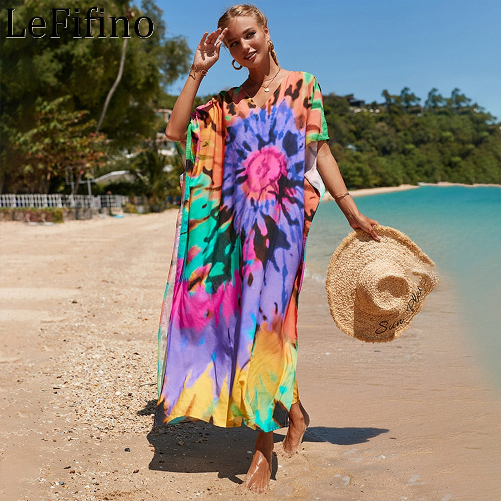 Mesmerizing Summer Tie-dye Cotton Beach Dress with V-neck Print and Sexy Details - Miscellaneous Accessories