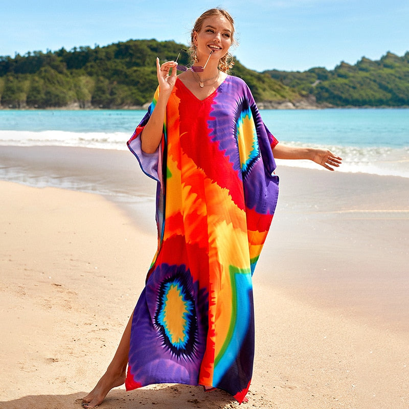 Mesmerizing Summer Tie-dye Cotton Beach Dress with V-neck Print and Sexy Details - Miscellaneous Accessories