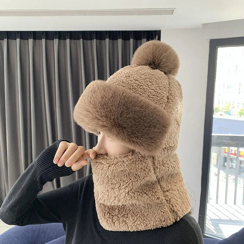 Winter Scarf Set Hooded for Women Plush Neck Warm Russia Outdoor Ski Windproof Hat Thick Plush Fluffy Beanies