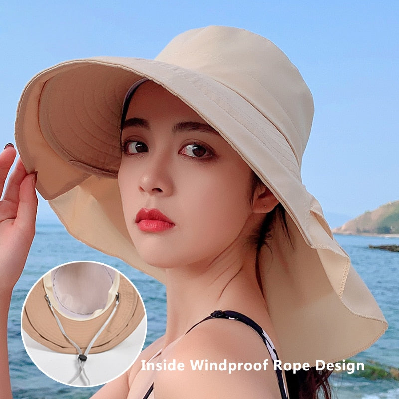 New Women Bow-knot Lightweight Hats Fashion Hidden Ponytail Hole Big Brim Hat Anti-UV Sun Hats Beach Neck Guard Fisherman Hat - Miscellaneous Accessories