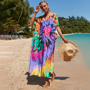 Mesmerizing Summer Tie-dye Cotton Beach Dress with V-neck Print and Sexy Details - Miscellaneous Accessories