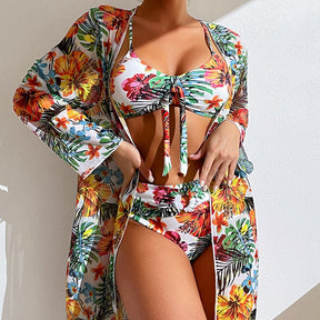 Sexy High Waisted Bikini Three Pieces Floral Printed Swimsuit Women Bikini Set With Mesh Long-Sleeved Blouse - Miscellaneous Accessories