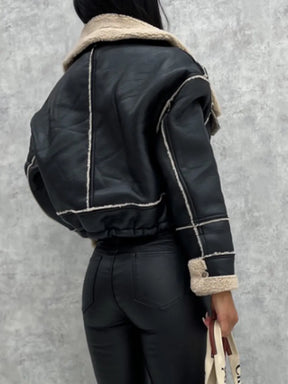 Women Faux Leather Biker Jacket with Faux Fur Trimmed Collar Vintage Moto Coat Warm Winter Outerwear