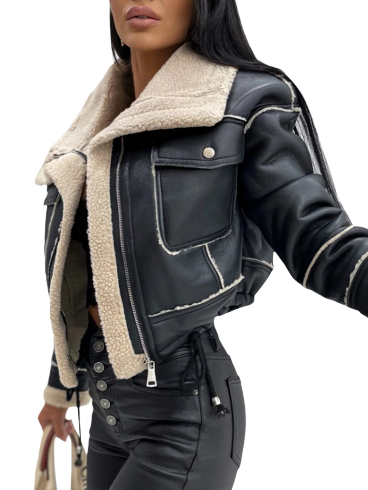 Women Faux Leather Biker Jacket with Faux Fur Trimmed Collar Vintage Moto Coat Warm Winter Outerwear