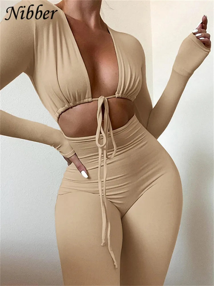 Nibber Summer Sexy Jumpsuit Women's V Neck Long Sleeve Female Bodycon Hollow Out Jogger Clubwear Body-shaping Jumpsuits