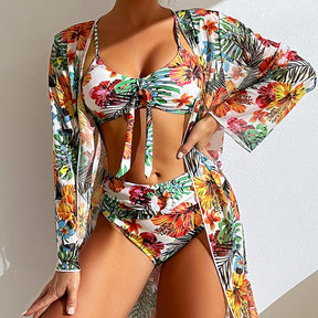 Sexy High Waisted Bikini Three Pieces Floral Printed Swimsuit Women Bikini Set With Mesh Long-Sleeved Blouse - Miscellaneous Accessories