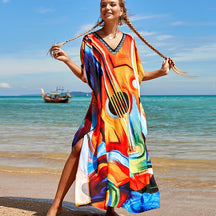 Mesmerizing Summer Tie-dye Cotton Beach Dress with V-neck Print and Sexy Details - Miscellaneous Accessories