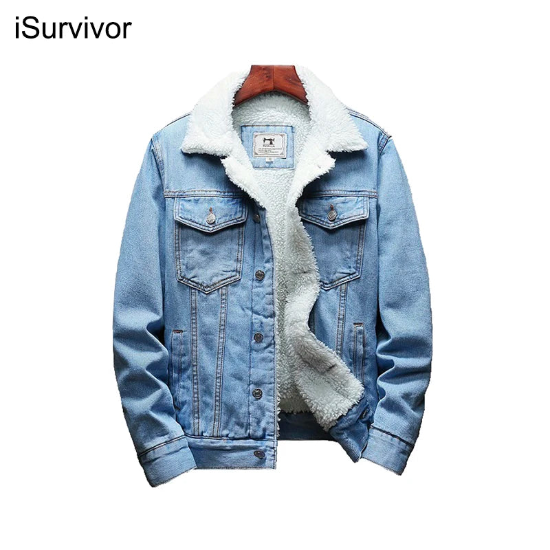 2022 Winter New Thick Warm Fashion Boutique Solid Color Men's Casual Denim Jacket / Male Wool Denim Coat Large Size XS-5XL