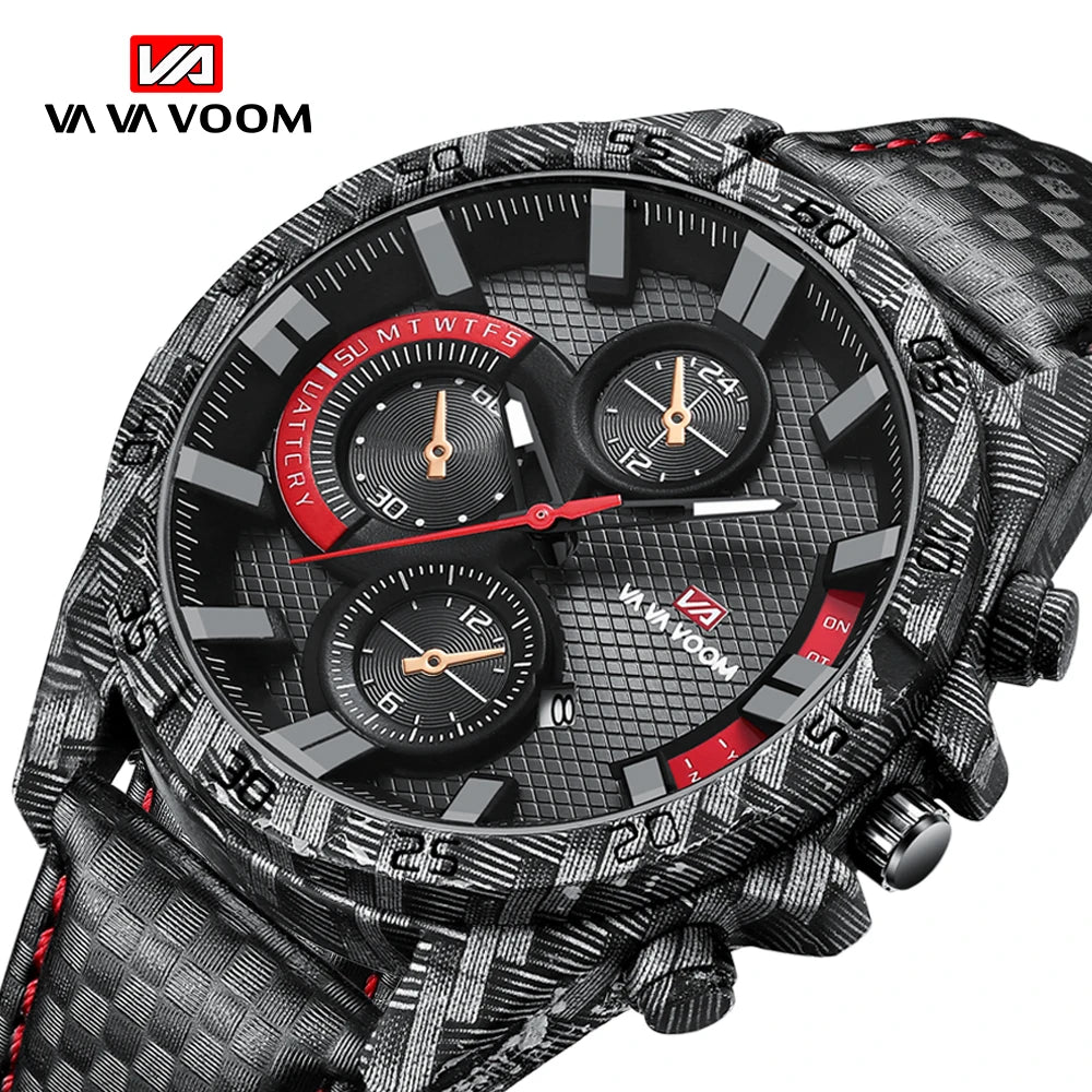 VA VA VOOM Men Sports Watch Quartz Movement Carbon Fiber Case Red Black Large Dial Men's Leather Chronograph Calendar Wristwatch