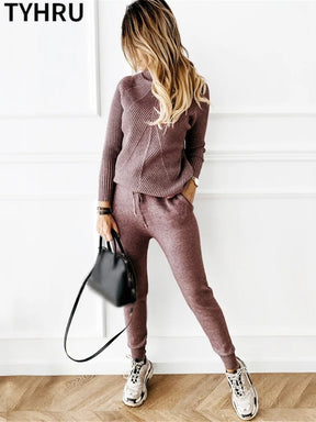 TYHRU Autumn Winter Women's tracksuit Solid Color Striped Turtleneck Sweater and Elastic Trousers Suits Knitted Two Piece Set