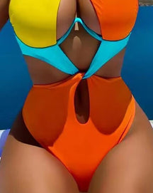 2023 Summer Chic Colorblock Cutout Backless Halter One-Piece Swimsuit - Miscellaneous Accessories