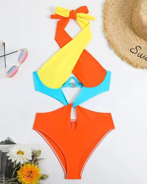 2023 Summer Chic Colorblock Cutout Backless Halter One-Piece Swimsuit - Miscellaneous Accessories