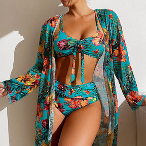 Sexy High Waisted Bikini Three Pieces Floral Printed Swimsuit Women Bikini Set With Mesh Long-Sleeved Blouse - Miscellaneous Accessories