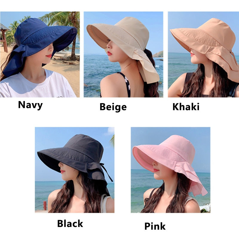 New Women Bow-knot Lightweight Hats Fashion Hidden Ponytail Hole Big Brim Hat Anti-UV Sun Hats Beach Neck Guard Fisherman Hat - Miscellaneous Accessories