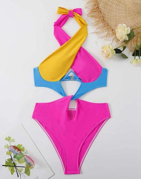 2023 Summer Chic Colorblock Cutout Backless Halter One-Piece Swimsuit - Miscellaneous Accessories