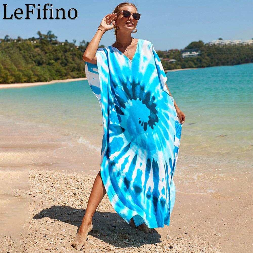 Mesmerizing Summer Tie-dye Cotton Beach Dress with V-neck Print and Sexy Details - Miscellaneous Accessories