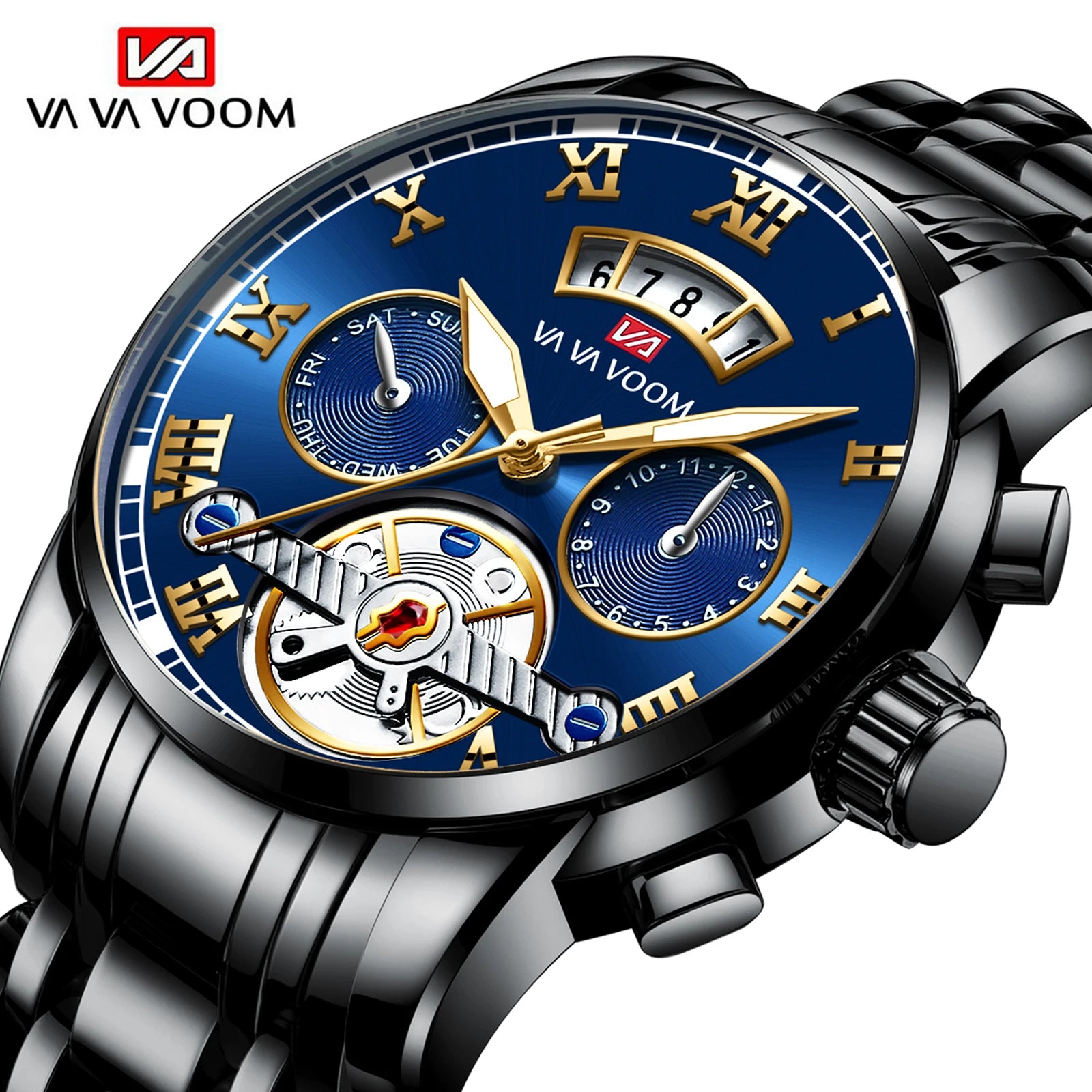 Men Sports Watch 3ATM Waterproof Stainless Steel Black Man Clock Simulation Calendar Tourbillon Luxury Mens Watches Reloj Hombre