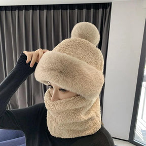 Winter Scarf Set Hooded for Women Plush Neck Warm Russia Outdoor Ski Windproof Hat Thick Plush Fluffy Beanies