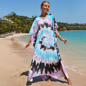 Mesmerizing Summer Tie-dye Cotton Beach Dress with V-neck Print and Sexy Details - Miscellaneous Accessories