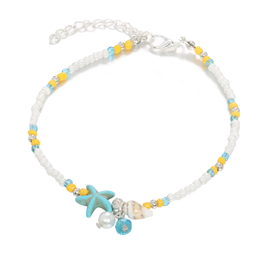 Beautiful Starfish Pendant Anklets For Women Beach Handmade Bohemian Turquoise Beaded Ankle Bracelet Girls Beach Foot Jewelry - Miscellaneous Accessories