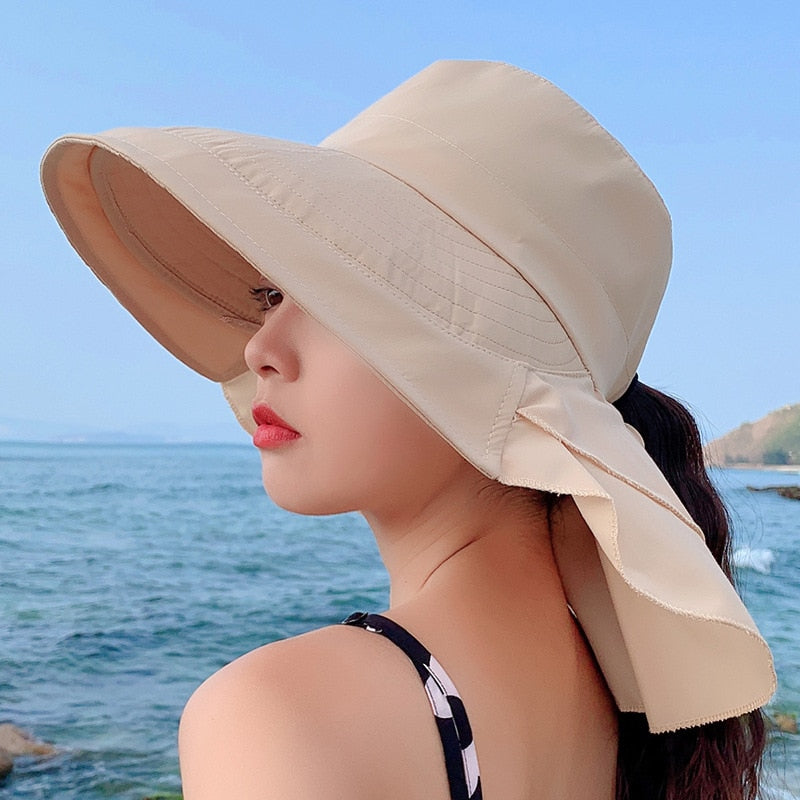 New Women Bow-knot Lightweight Hats Fashion Hidden Ponytail Hole Big Brim Hat Anti-UV Sun Hats Beach Neck Guard Fisherman Hat - Miscellaneous Accessories