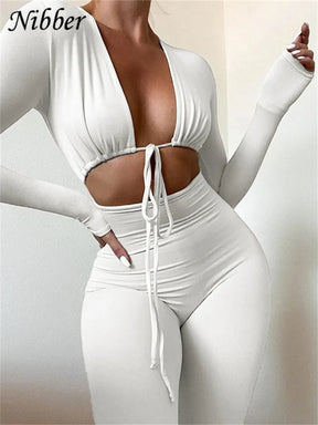 Nibber Summer Sexy Jumpsuit Women's V Neck Long Sleeve Female Bodycon Hollow Out Jogger Clubwear Body-shaping Jumpsuits