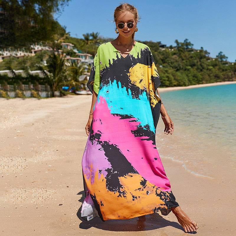 Mesmerizing Summer Tie-dye Cotton Beach Dress with V-neck Print and Sexy Details - Miscellaneous Accessories