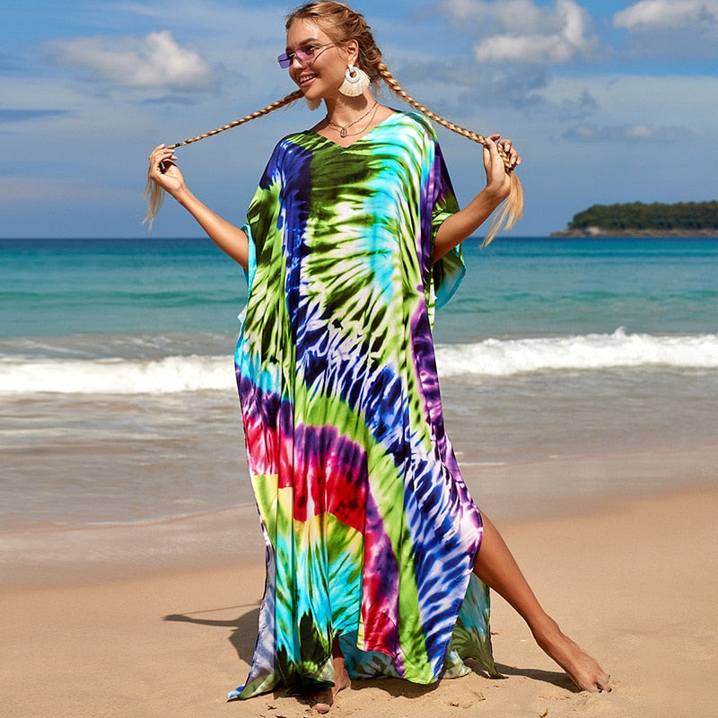 Mesmerizing Summer Tie-dye Cotton Beach Dress with V-neck Print and Sexy Details - Miscellaneous Accessories