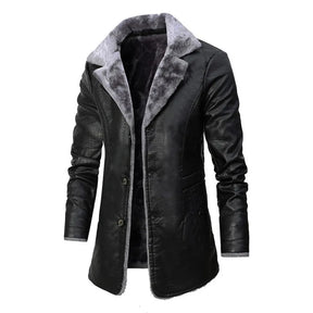 New Winter Fleece Plush PU Fashion Business Casual Middle And Long Suit Collar Men's Windbreaker Leather Jacket Coats