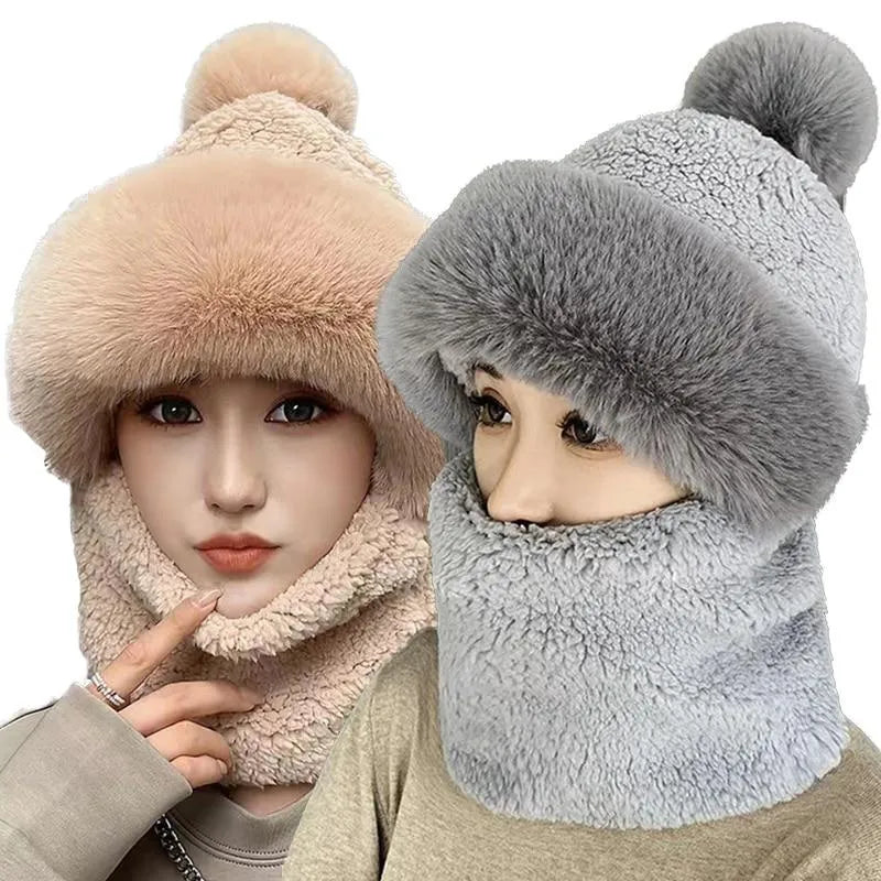 Winter Scarf Set Hooded for Women Plush Neck Warm Russia Outdoor Ski Windproof Hat Thick Plush Fluffy Beanies