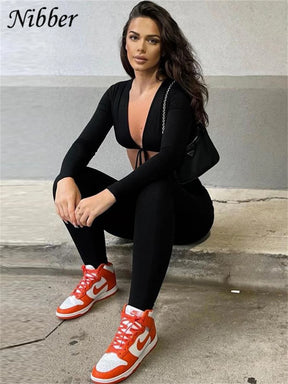 Nibber Summer Sexy Jumpsuit Women's V Neck Long Sleeve Female Bodycon Hollow Out Jogger Clubwear Body-shaping Jumpsuits