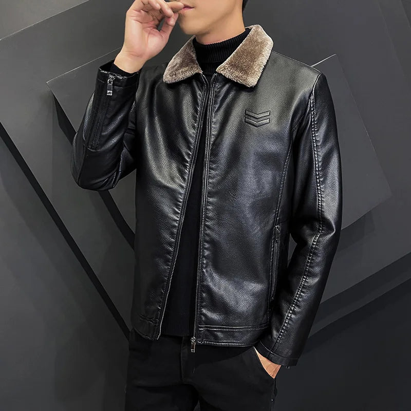 Winter Fashion Warmth Thickened Leather Jacket Lapel Solid Zipper Design Plus Size 4XL-M Bomber Coat Men's Leather Jacket