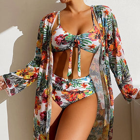 Sexy High Waisted Bikini Three Pieces Floral Printed Swimsuit Women Bikini Set With Mesh Long-Sleeved Blouse - Miscellaneous Accessories