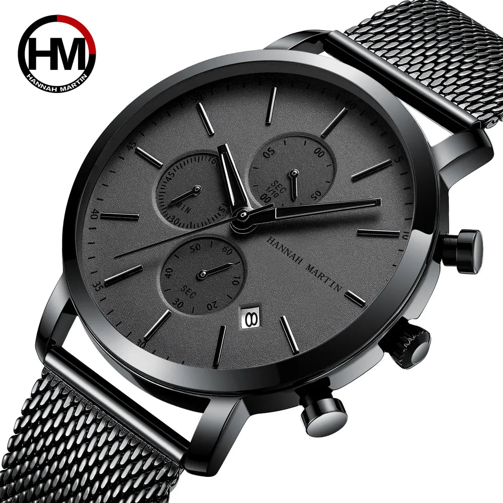 Hannah Martin Men Sports Watch Big Dial Stainless Steel Waterproof  Multifunctional Chronograph Business Watch Relogio Masculino