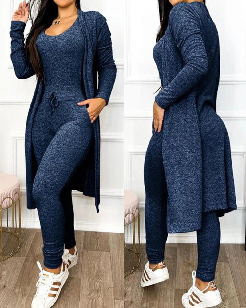 Women 2 Piece Set 2023 Autumn Fashion U-Neck Sleeveless Skinny Jumpsuit Female Casual Drawstring Pocket Long Sleeve Coat Outfit