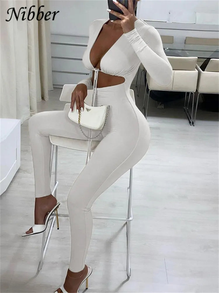 Nibber Summer Sexy Jumpsuit Women's V Neck Long Sleeve Female Bodycon Hollow Out Jogger Clubwear Body-shaping Jumpsuits