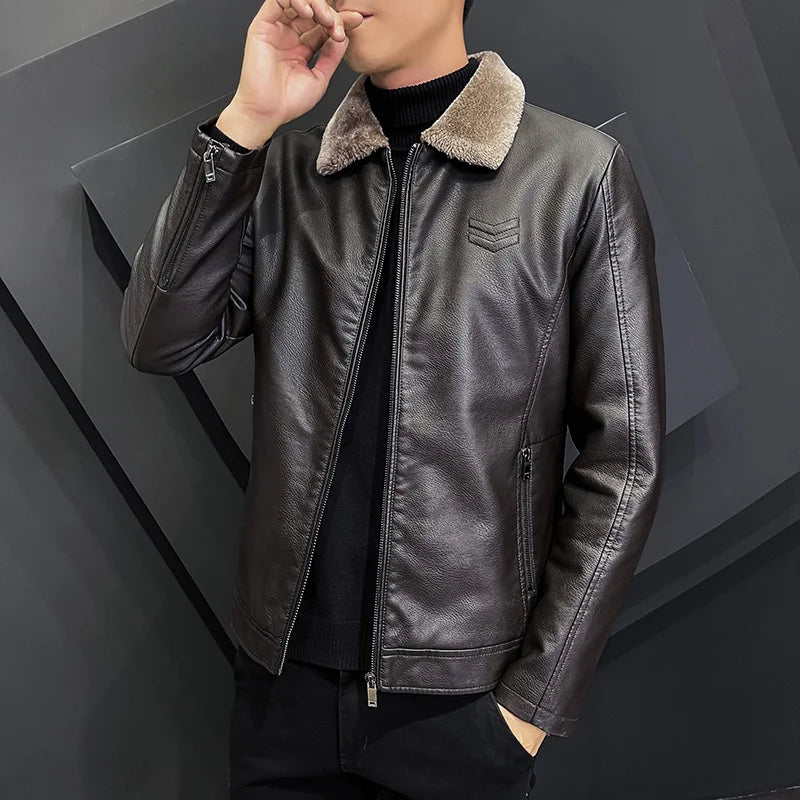 Winter Fashion Warmth Thickened Leather Jacket Lapel Solid Zipper Design Plus Size 4XL-M Bomber Coat Men's Leather Jacket