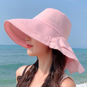 New Women Bow-knot Lightweight Hats Fashion Hidden Ponytail Hole Big Brim Hat Anti-UV Sun Hats Beach Neck Guard Fisherman Hat - Miscellaneous Accessories