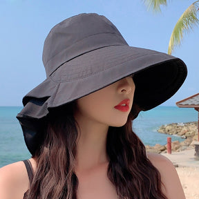 New Women Bow-knot Lightweight Hats Fashion Hidden Ponytail Hole Big Brim Hat Anti-UV Sun Hats Beach Neck Guard Fisherman Hat - Miscellaneous Accessories