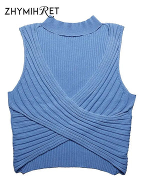 ZHYMIHRET Sexy V Neck Halter Ribbed Tank Tops Women Y2K Knitted Wrap Ruched Crop Tops Mujer Streetwear Camis Debardeur Femme