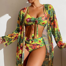 Sexy High Waisted Bikini Three Pieces Floral Printed Swimsuit Women Bikini Set With Mesh Long-Sleeved Blouse - Miscellaneous Accessories