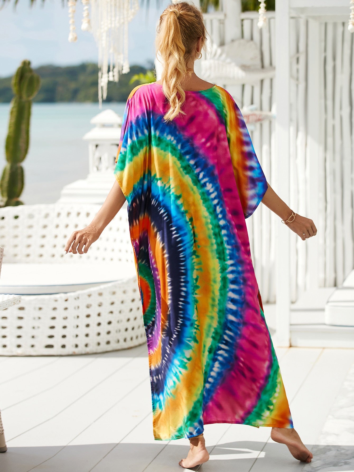 Mesmerizing Summer Tie-dye Cotton Beach Dress with V-neck Print and Sexy Details - Miscellaneous Accessories