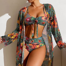 Sexy High Waisted Bikini Three Pieces Floral Printed Swimsuit Women Bikini Set With Mesh Long-Sleeved Blouse - Miscellaneous Accessories