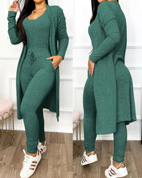 Women 2 Piece Set 2023 Autumn Fashion U-Neck Sleeveless Skinny Jumpsuit Female Casual Drawstring Pocket Long Sleeve Coat Outfit